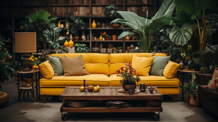 A living room with a yellow couch and a coffee table with a picture of a plant on it. Generative AIの素材