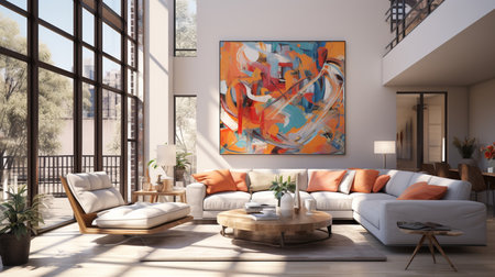 A living room with a painting on the wall. Generative AIの素材