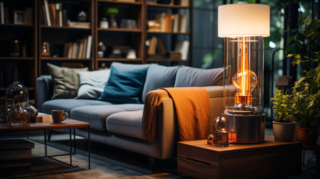 Comfortable modern living room illuminated with electric lamp. Generative AIの素材