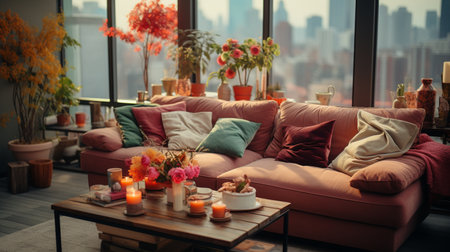 Cozy living room with comfortable seating and a stylish coffee table. Generative AIの素材