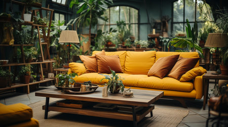 A living room with a yellow couch and a coffee table with a plant on it. Generative AIの素材