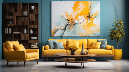Beautiful light interior design of a modern living room in blue and yellow colors. Generative AIの素材