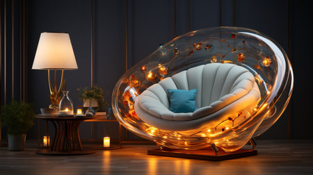 Comfortable modern sofa luxury armchair illuminated electric lamp. Generative AIの素材