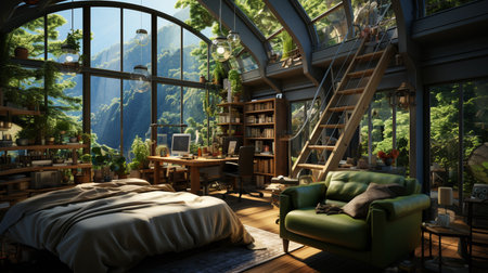A bedroom with a large window that has a skylight above it. Generative AIの素材