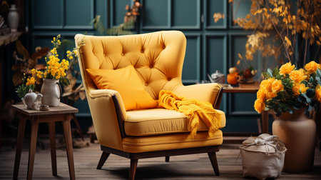 A yellow chair in a living room with a vase of flowers on the table. Generative AIの素材