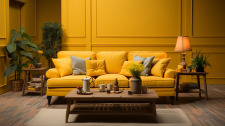 A yellow living room with a yellow couch and a coffee table. Generative AIの素材