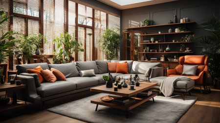 Cozy living room with comfortable seating and a stylish coffee table. Generative AIの素材