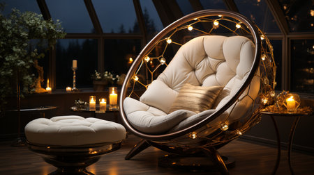 Comfortable modern sofa luxury armchair illuminated electric lamp. Generative AIの素材