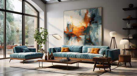 Chic mid-century modern luxury aesthetics living room with gray velvet couch and blue rug. Generative AIの素材