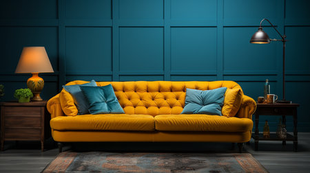 Cozy living room with blue walls and a vibrant yellow couch as the centerpiece. Generative AIの素材