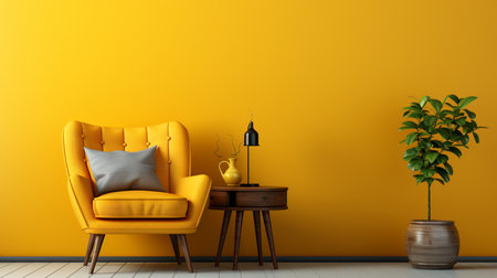 Chair and table in yellow living room with copy space. Generative AIの素材