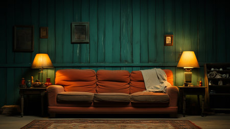 A living room with a couch and a lamp on the wall. Generative AIの素材