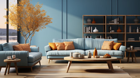 Cozy living room with calming blue walls and matching furniture. Generative AIの素材