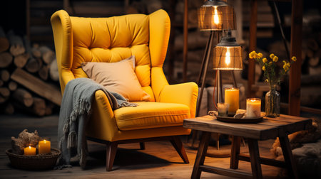 Cozy living room with a yellow chair and a warm lamp. Generative AIの素材