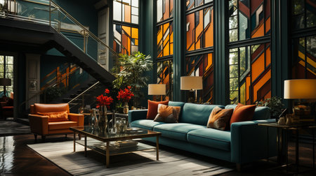 Art deco home with geometric decorations bold colors and elegant furnishings. Generative AIの素材