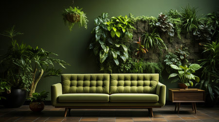 A living room with a green wall and a green sofa with a plant on it. Generative AIの素材