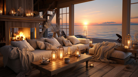 Cozy coastal home with fireplace and warm decor. Generative AIの素材
