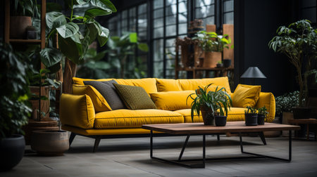 A living room with a yellow couch and a coffee table with a picture of a plant on it. Generative AIの素材