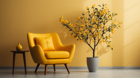 A yellow chair in a white room with a plant on the wall. Generative AIの素材