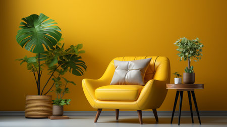 Chair and table in yellow living room with copy space. Generative AIの素材