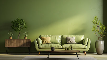 Green living room wall background with grey decorative Illustration. Generative AIの素材