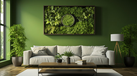 Green wall middle table sofa and frame House design. Generative AIの素材