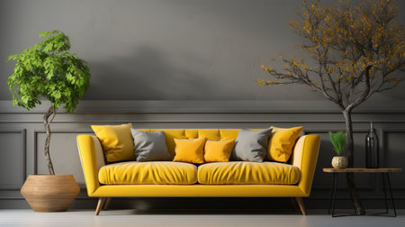 Gray wall in living room with yellow sofa as background. Generative AIの素材