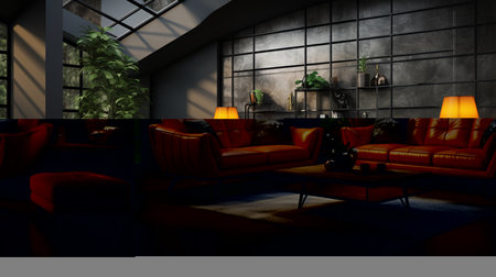 Luxury and modern living room design with leather sofa and lamp. Generative AIの素材