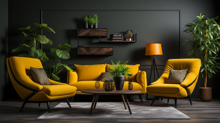 Interior of a contemporary living room with a black wall background a yellow armchair green plants a lamp and a table. Generative AIの素材