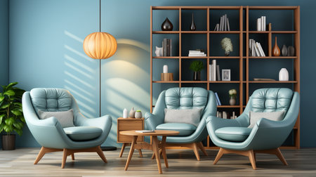 Interior realistic composition with living room scenery and soft blue chairs near shelves lamps and table. Generative AIの素材
