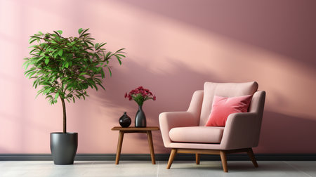Living room interior wall mockup in warm tones with leather sofa which is behind the kitchen. Generative AIの素材