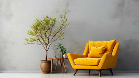 Living room interior has a yellow armchair on empty white wall background big blank space. Generative AIの素材