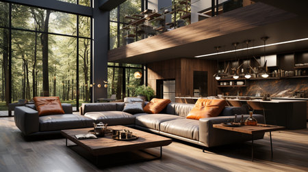 Interior of modern living room and kitchen with comfortable sofa and coffee table. Generative AIの素材