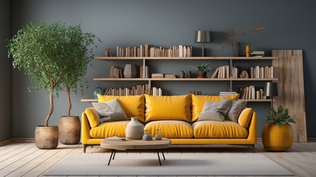 Large living room with mustard and yellow blue accents and pillows with an olive colored sofa Bright shelves and a white background. Generative AIの素材