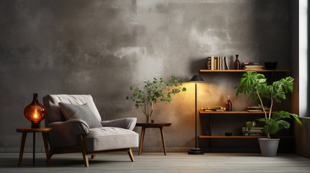Living room interior in loft style with gray armchair on empty concrete wall. Generative AIの素材