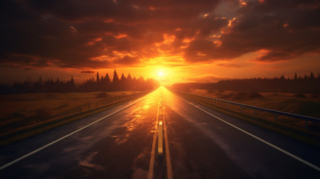 A road with the sun setting behind it. Created by Generative AI Toolsの素材