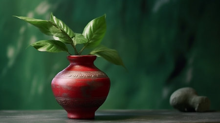 A red vase with green leaves. Created by Generative AI Toolsの素材