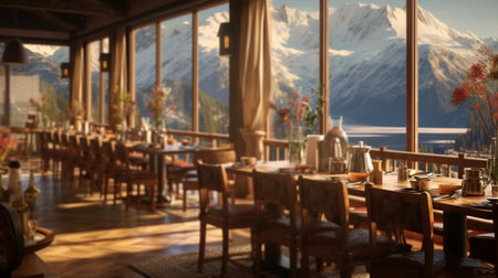 A restaurant with a view of the mountains in the background. Created by Generative AI Toolsの素材