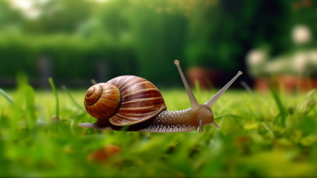 A snail is sitting on the grass in a park. Generative AIの素材