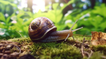 A snail on the ground is shown on a sunny day. Generative AIの素材