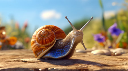 A snail on the ground is shown on a sunny day. Generative AIの素材