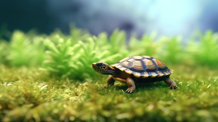 A small turtle on a grass surface with the word tortoise on it. Generative AIの素材