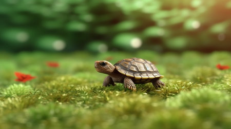 A small turtle on a grass surface with the word tortoise on it. Generative AIの素材