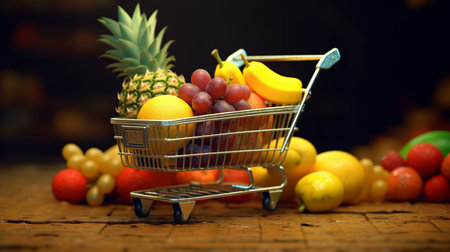 A shopping cart with a fruit in it. Generative AIの素材