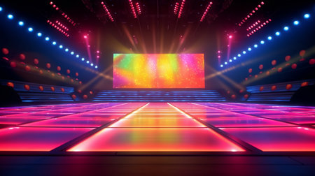 A stage with a stage lit up with colorful lights. Generative AIの素材
