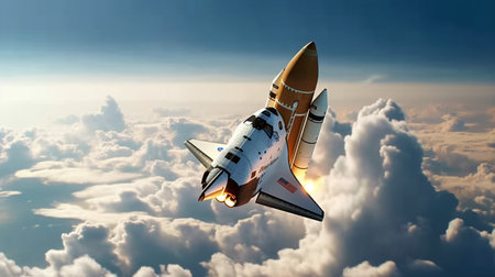 A space shuttle flying in the sky with clouds in the background. Generative AIの素材