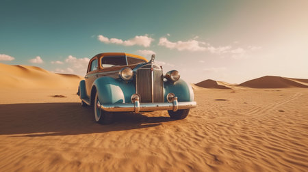 A vintage car is parked in the sand. Generative AIの素材