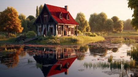 A small building with a red roof sits on a pond with a pond in front of it. Generative AIの素材