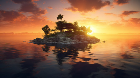 A sunset over a small island with a small island in the foreground. Generative AIの素材