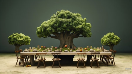 A table with a row of trees and a table with food on it. Generative AIの素材